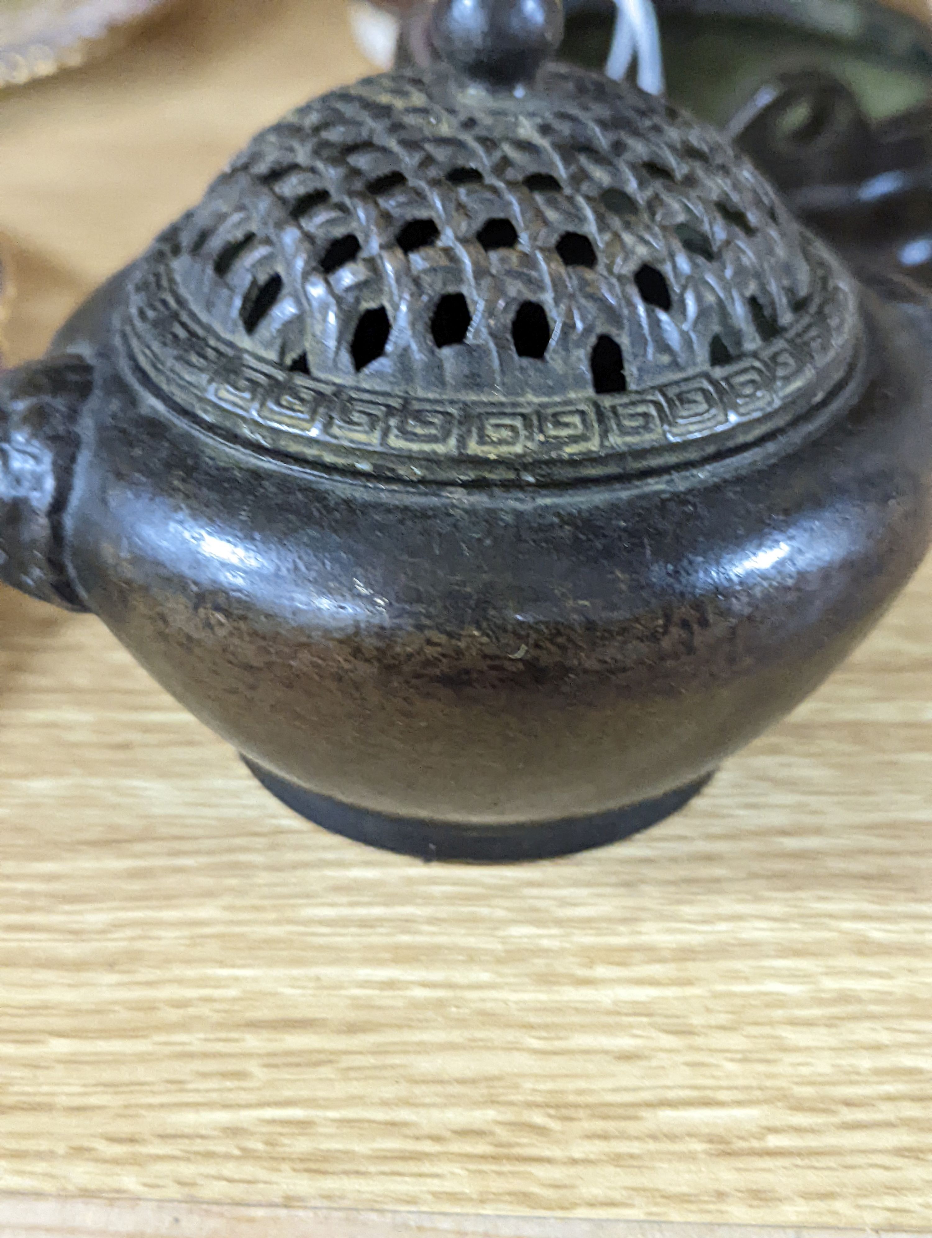 A Chinese bronze tripod censer and a Chinese bronze censer and cover 11cm